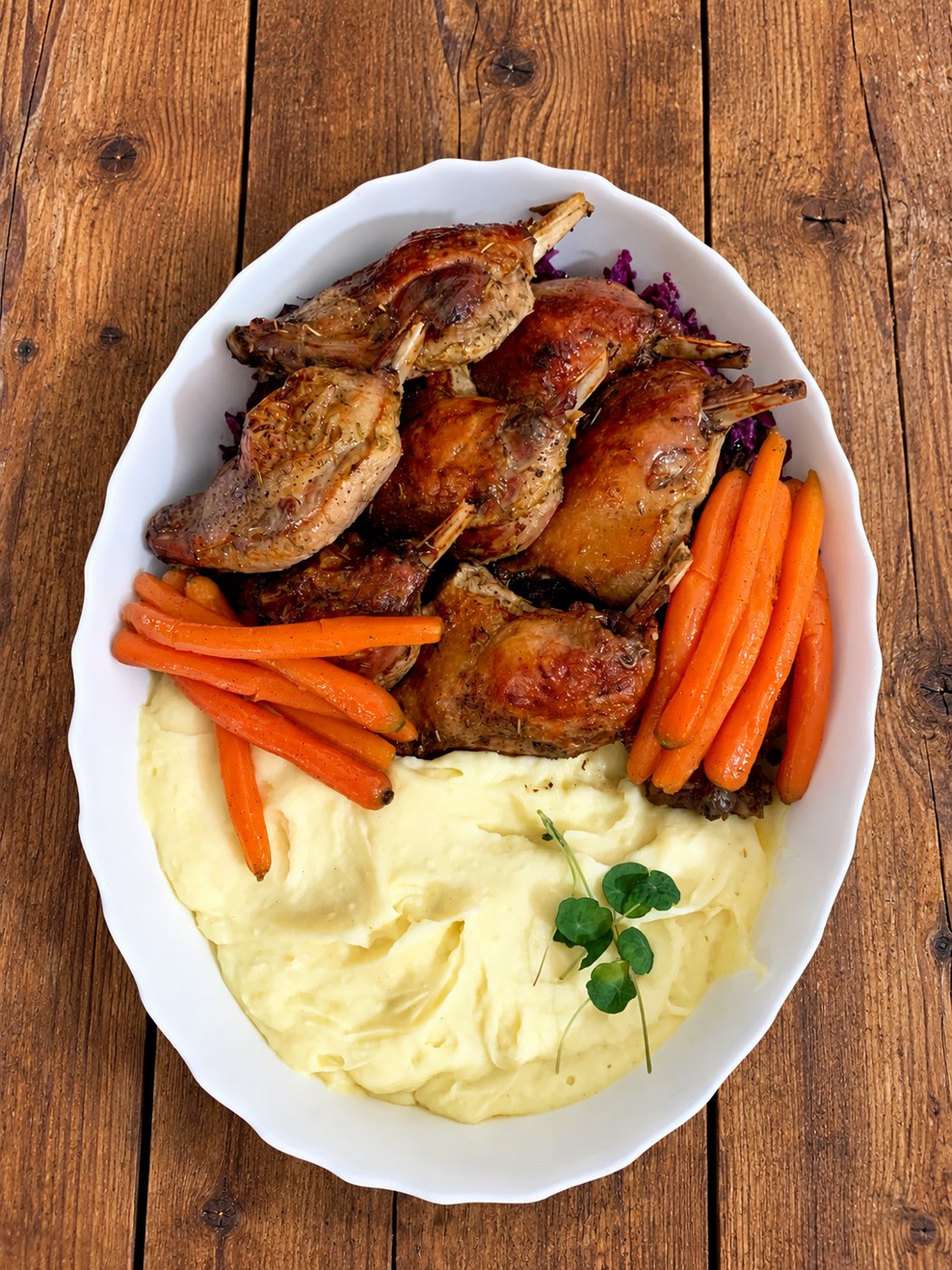 Duck à l'Orange: pulpe de rață cu varză roșie, piure de cartofi și morcovi caramelizați