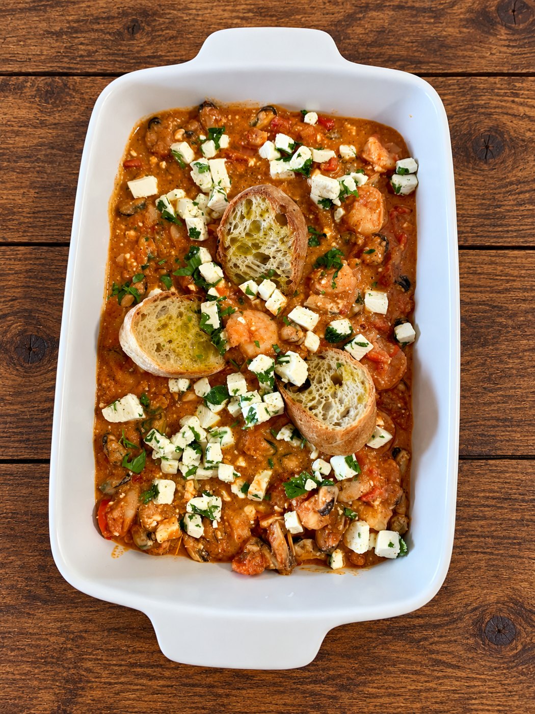 Saganaki cu midii și creveți în sos de roșii, cu brânză feta și pâine prăjită