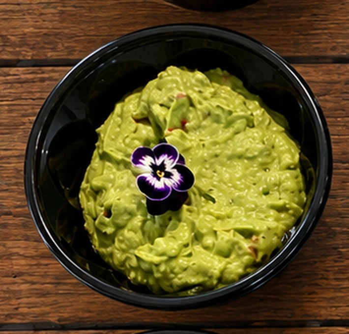 Guacamole MNG în bol, decorat cu floare comestibilă