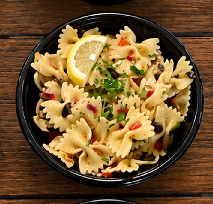 Salată de paste farfalle cu pui, legume și lămâie